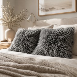 Pair Of Grey Long Haired Genuine Sheepskin Cushions 40cm