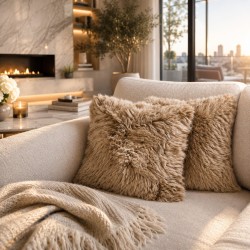 Pair Of Long Haired Genuine Sheepskin Cushions 40cm Oyster