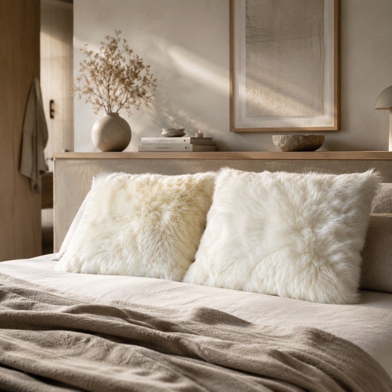 Two Genuine Sheepskin Ivory Cushions 40cm