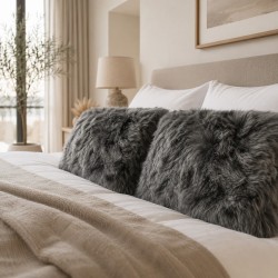 Two Genuine Sheepskin Rectangular Pillows Grey 30x50cm