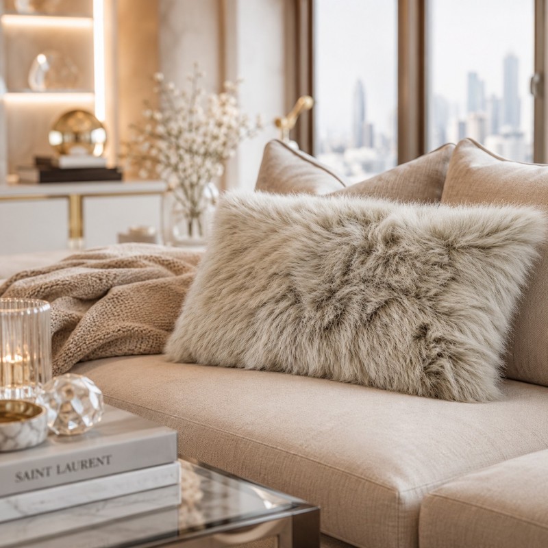 Pair Of Rectangular Cushions Genuine Sheepskin Oyster 30x50cm