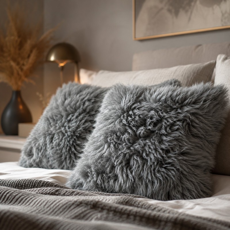 Deux grands coussins en véritable peau de mouton grise de 50 cm