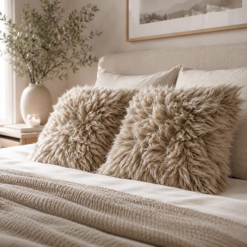 Two Light Beige Genuine Sheepskin Cushions 50cm