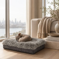 Medium Real Sheepskin Pet Bed. Grey Long Haired Orthopaedic Dog Bed