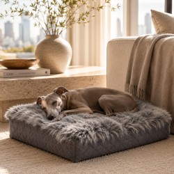 Genuine Sheepskin Pet Bed. Orthopaedic Dog Bed. Long-Haired Grey Pet Bed Medium