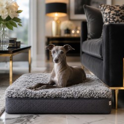 Großes echtes Schaffell-Haustierbett. Kurzhaariges Memory-Foam-Hundebett - Grau