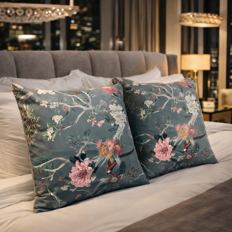 Chinoiserie Luxury Velvet Cushions | Oriental Printed Velvet Cushions