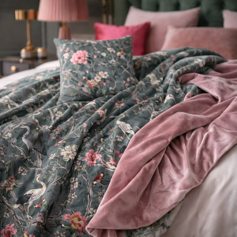 Reversible Chinoiserie Velvet Throw | Luxury Printed Velvet Throws |